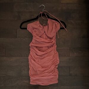 Oh Polly Coral Mini Dress with Ruched Design